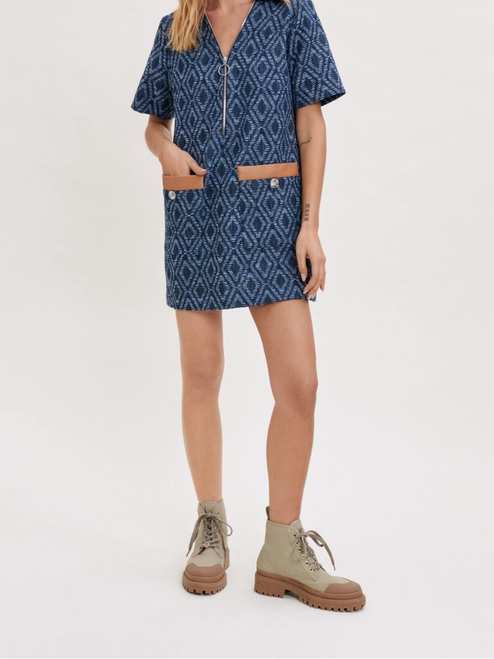 Maje Denim-effect jacquard dress